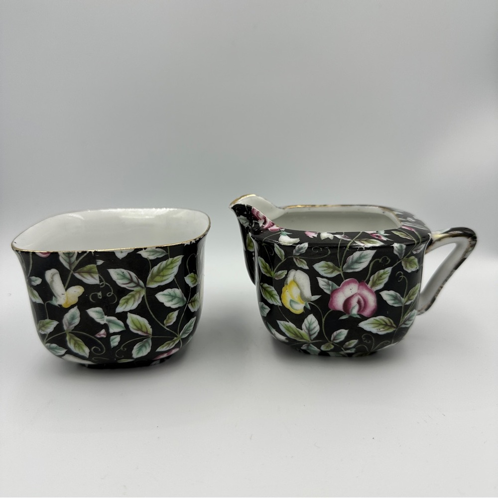 Creamer & Sugar Bowl by Gold China Co. Made In Japan - Black With Floral Flowers